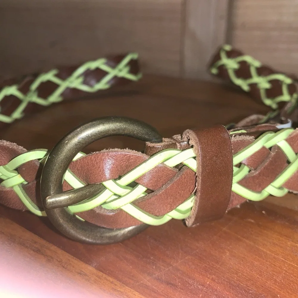 AEO American Eagle Outfitters Brown Chartreuse Braided Belt Bronze Tone Buckle L